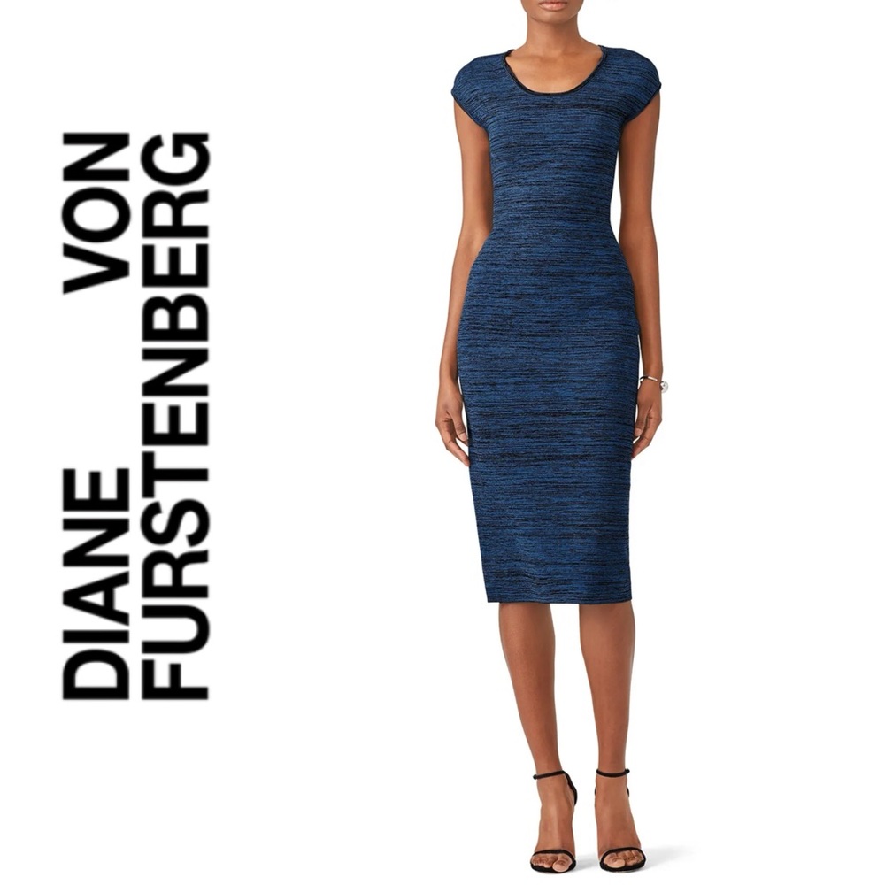 Diane von Furstenberg striped black/blue midi length bodycon sweater dress